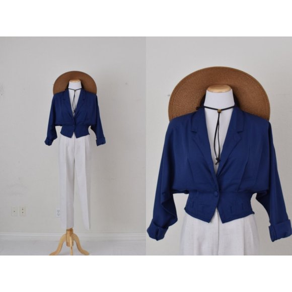 Vintage 80s Poly/Rayon Royal Blue Crop Blouse/Jacket | size Medium - Picture 1 of 10